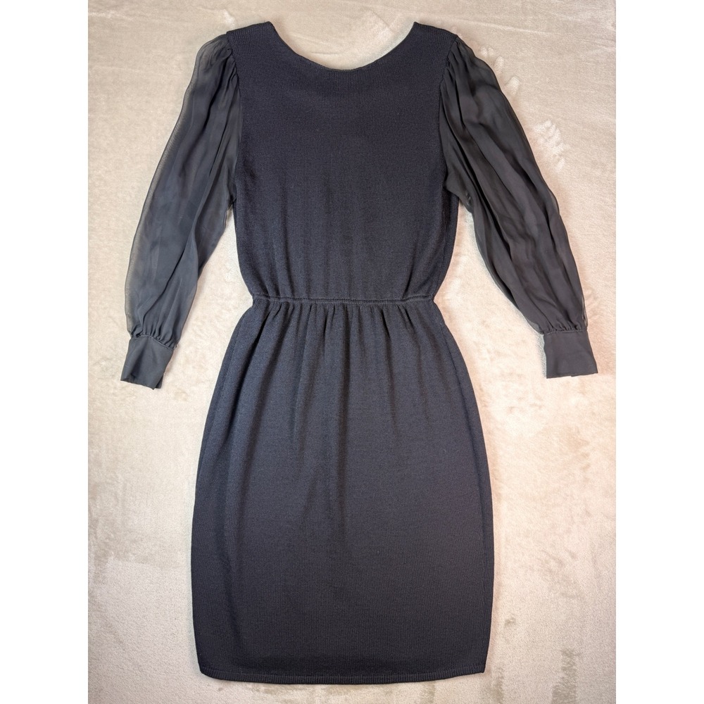Vintage St‎ John By Marie Gray Knit Sheer Sleeve Black Sheath Dress Size 10